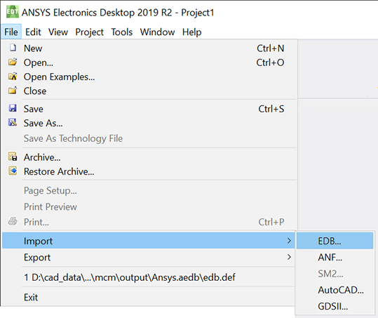 Use File | Import | EDB to import the results from 3Di2AEDB into Ansys Electronic Desktop.