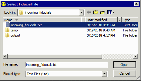 selecting the file containing the incoming fiducial information.