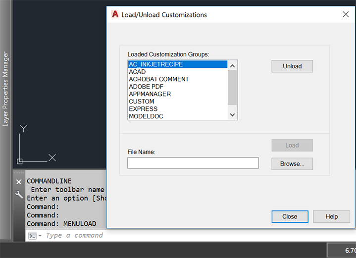 opening the MenuLoad dialog