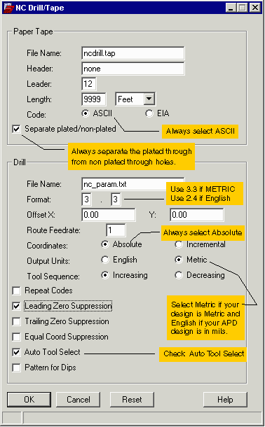 APD's Parameter Setup Dialog for NC Drill Output