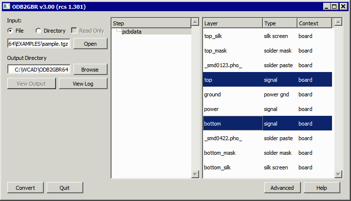 odb2gbr sample program main window with selected step/layer