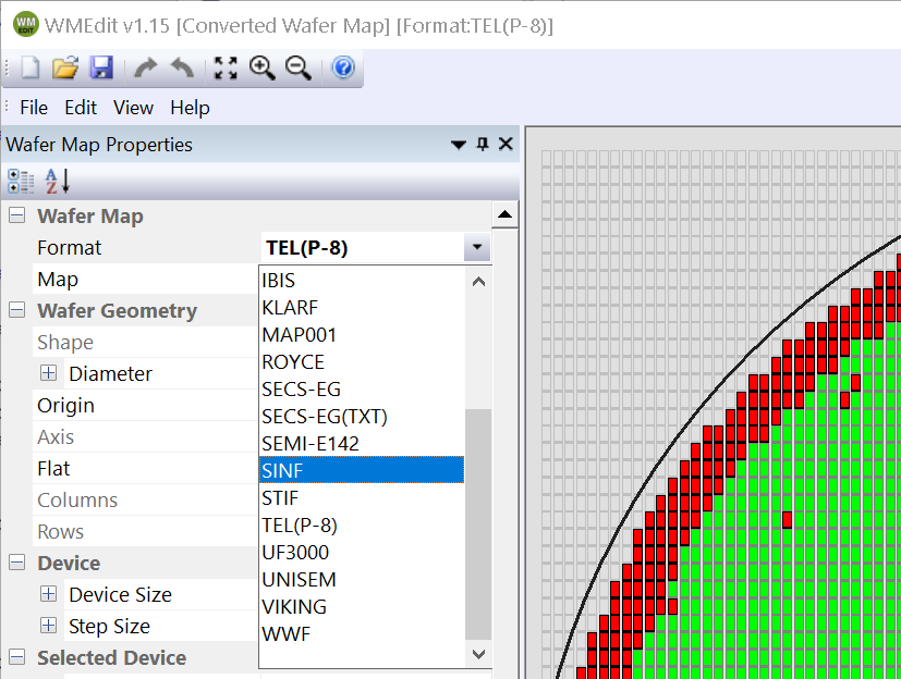 Use the Map Properties | Wafer Map Format | dropdown to select SINF as the format.