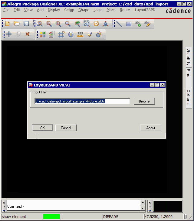 The dialog for Layout2APD requires a ULF file to import ...
