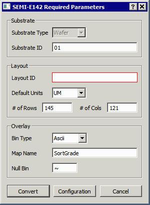 the dialog tells the user that he needs to enter a Layout ID for the E-142 file.