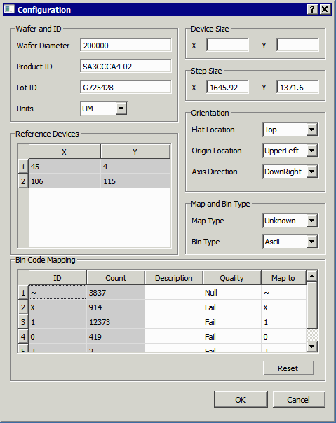 the configuration dialog enables the user to modify the bin code mapping.